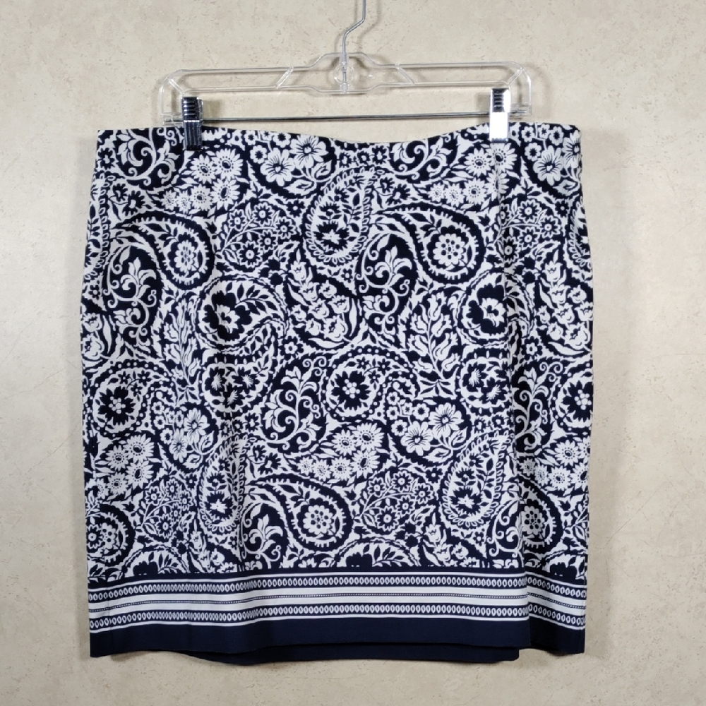 2/$10 04119 Talbots navy & white floral paisley cotton skirt 16 NEW